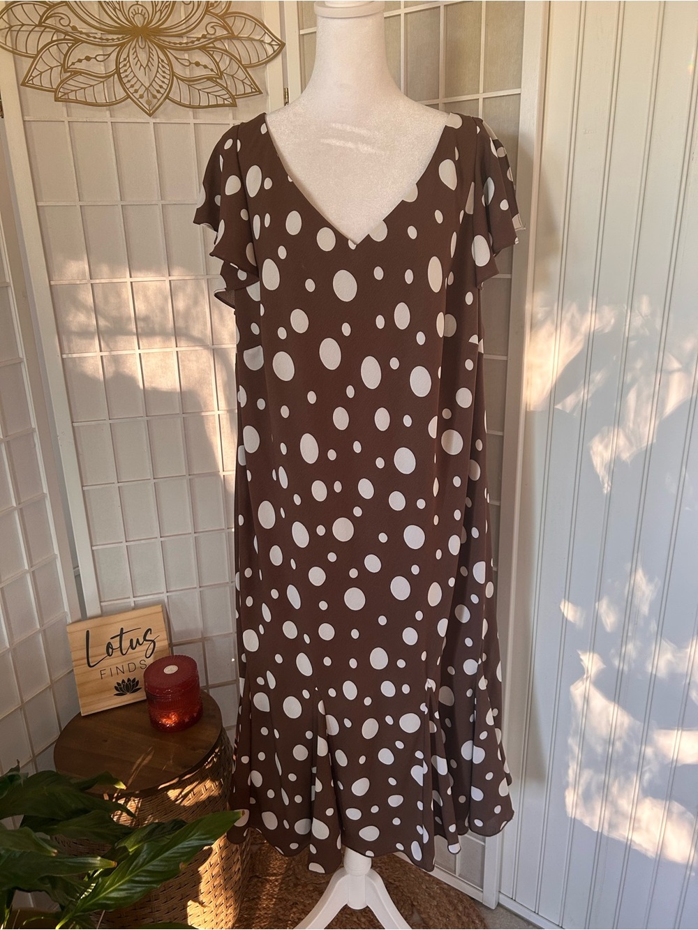 NWT SL Fashions Brown Polka Dot Flounce Dress 2X